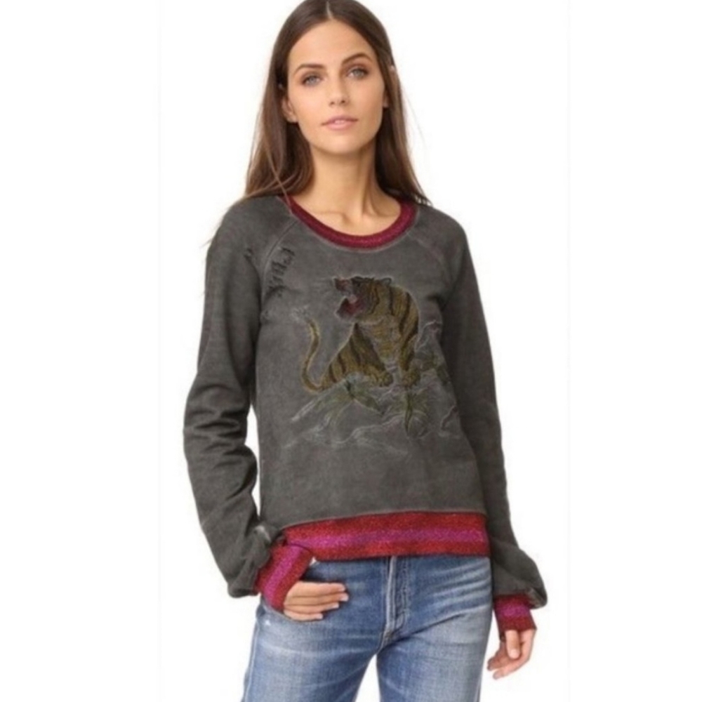 Pam & Gela Medium Tiger Embroidered Distressed Sweater